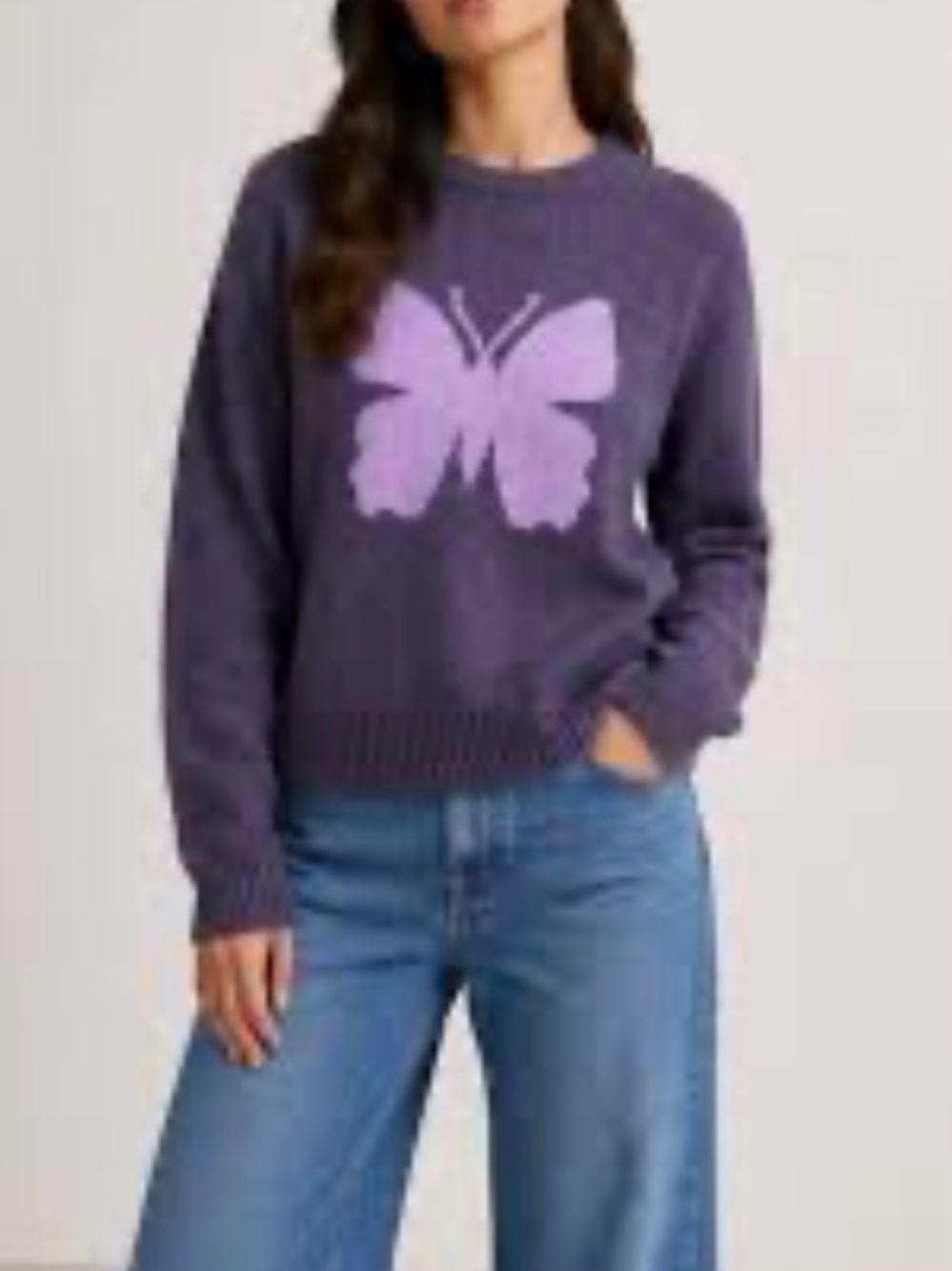 No Boundaries Purple Crewneck Sweater with Lilac Butterfly